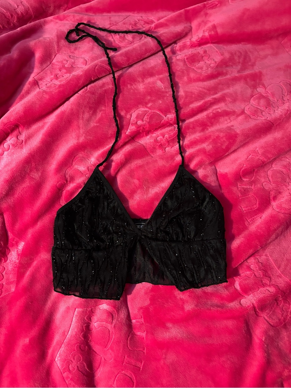 Black velvet glittery embellishments Halter Crop - Women